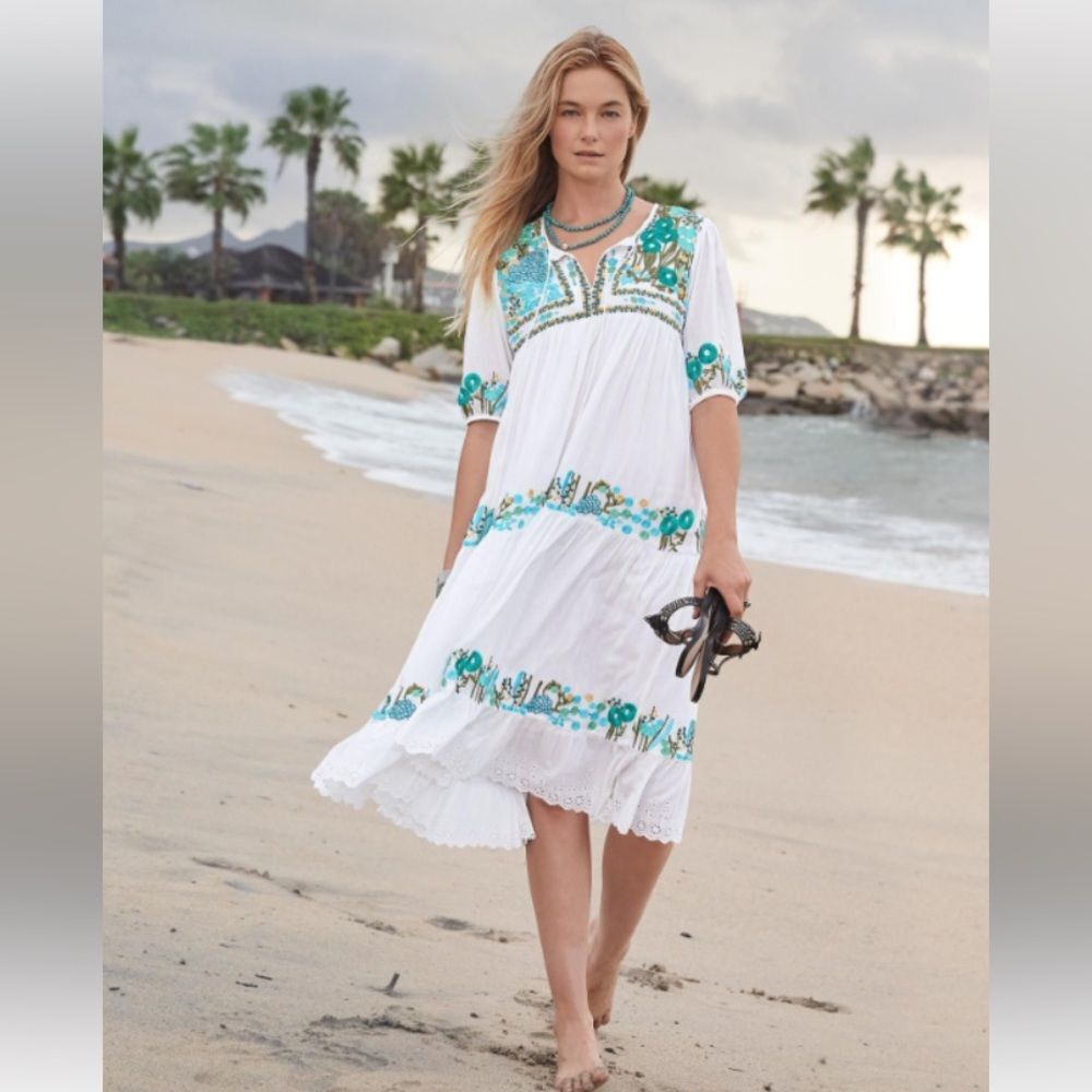 Tolani Island Resort Tiered Maxi Dress White Crinkle Cotton Blue Embroidery